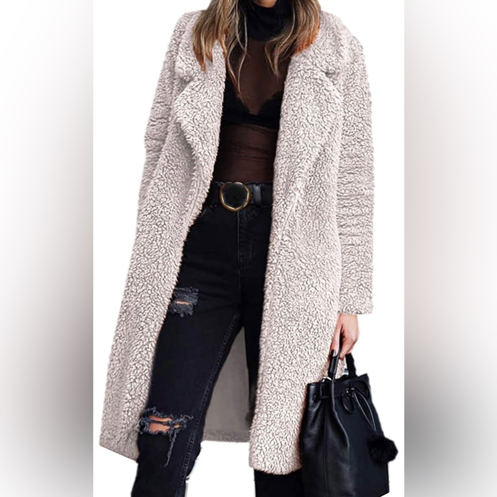 Light Beige Fuzzy Fleece Open Front Long Cardigan… - image 2